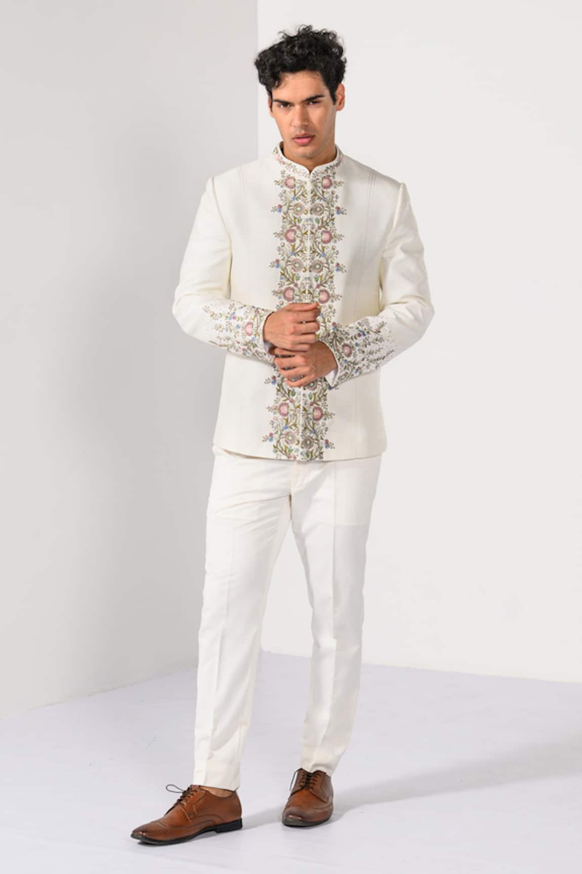 Kalpana Naik Ivory Blossom Floral Embroidered Bandhgala & Trouser Set 