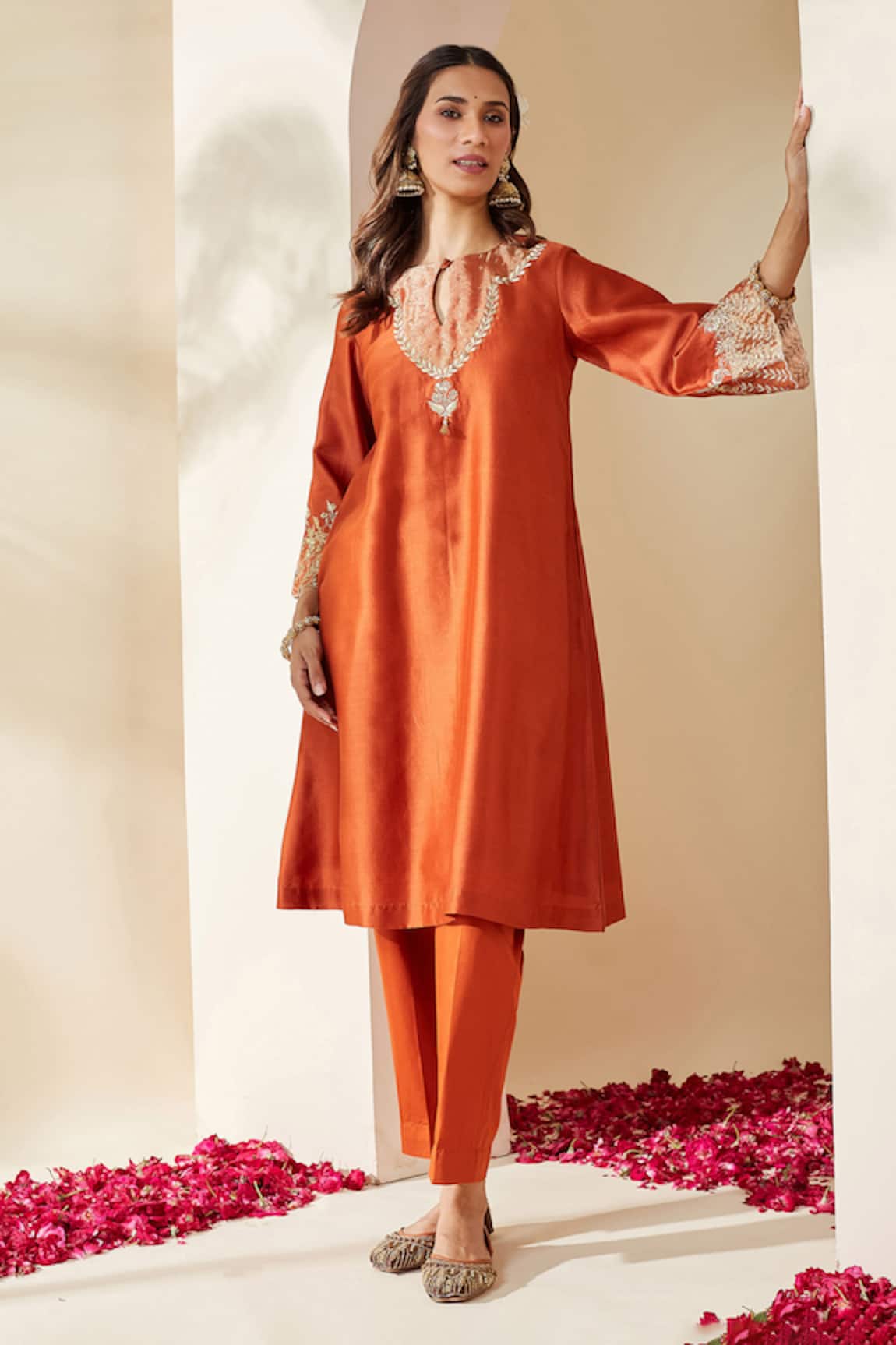 Mushio Orange Embroidered Chanderi Svara Kurta & Pant Set