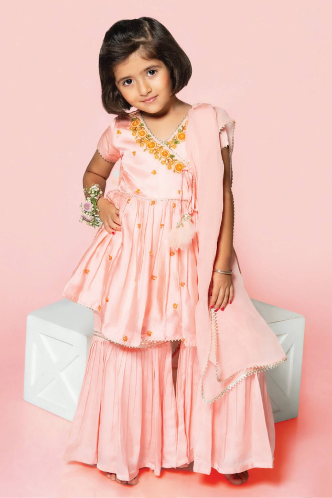 Toddle Kidswear Orange Blossom Embroidered Sharara Set