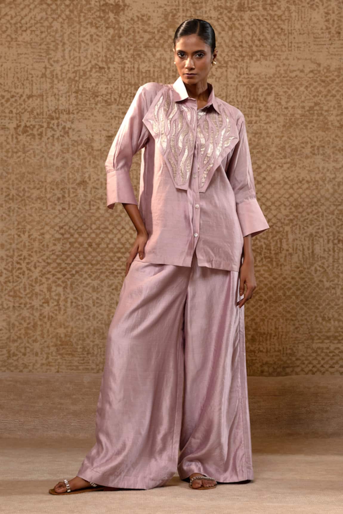 Eeda Metallic Applique Shirt & Wide-Leg Pant Set 