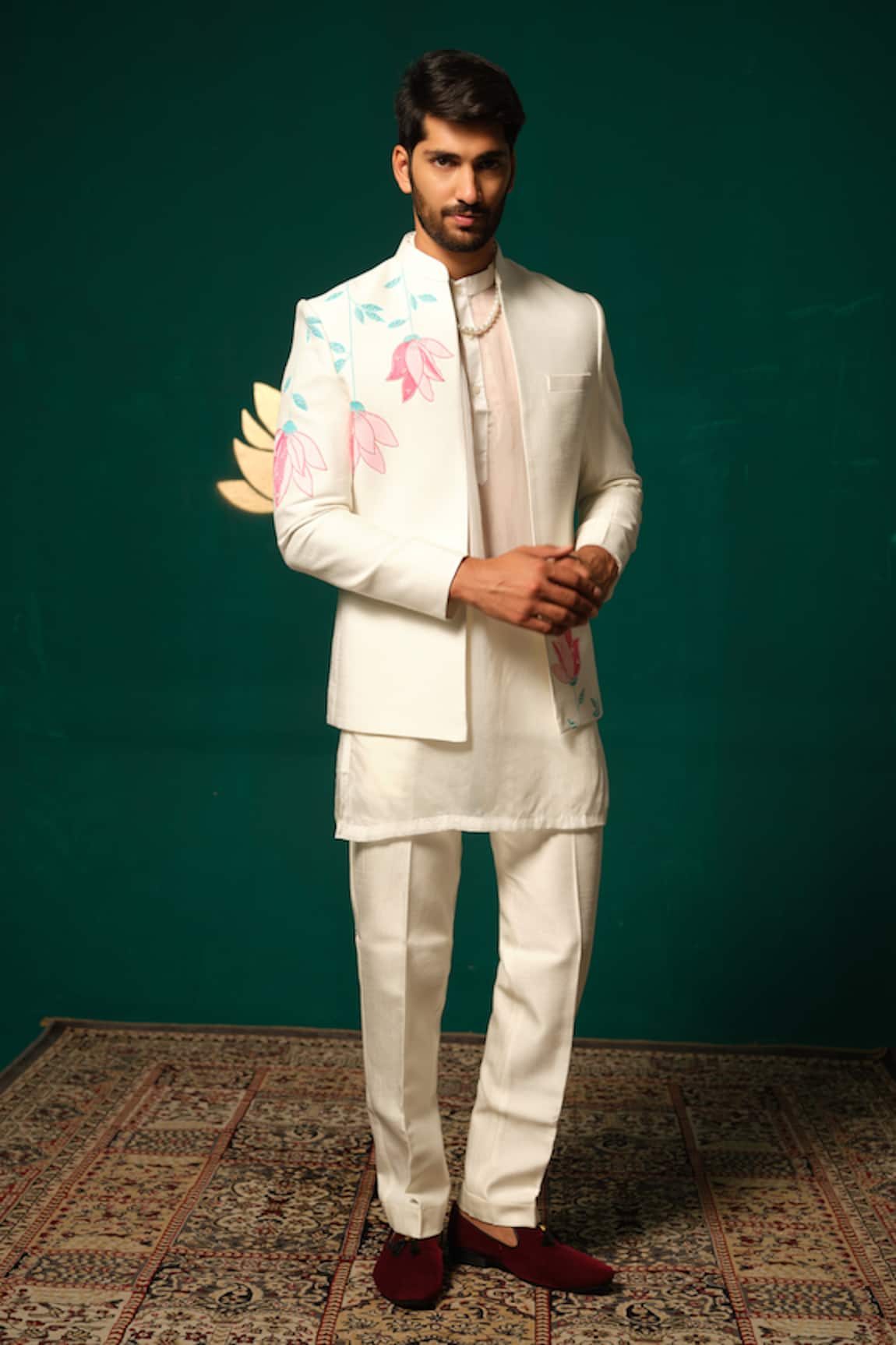 Niloufer By Aasif Ally Hand-Painted Lotus Motif Nehru Jacket Kurta Set