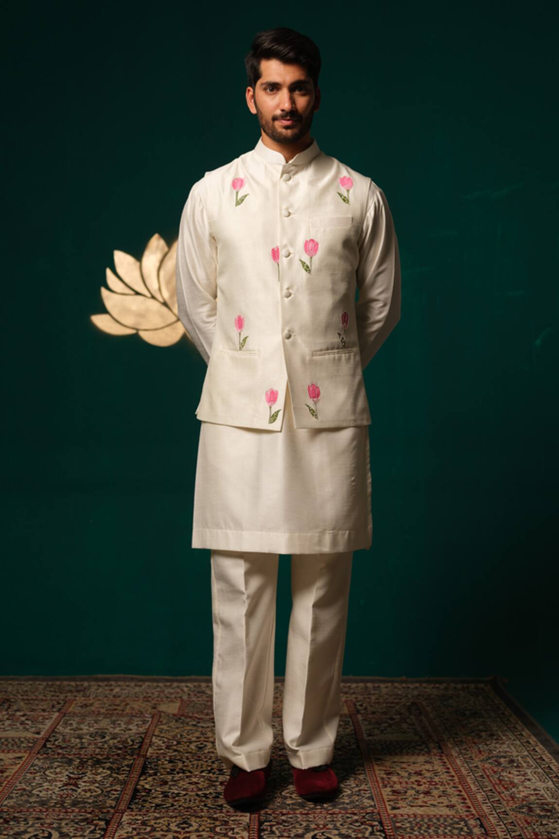 Niloufer By Aasif Ally Hand-Painted Tulip Nehru Jacket Kurta & Pant Set