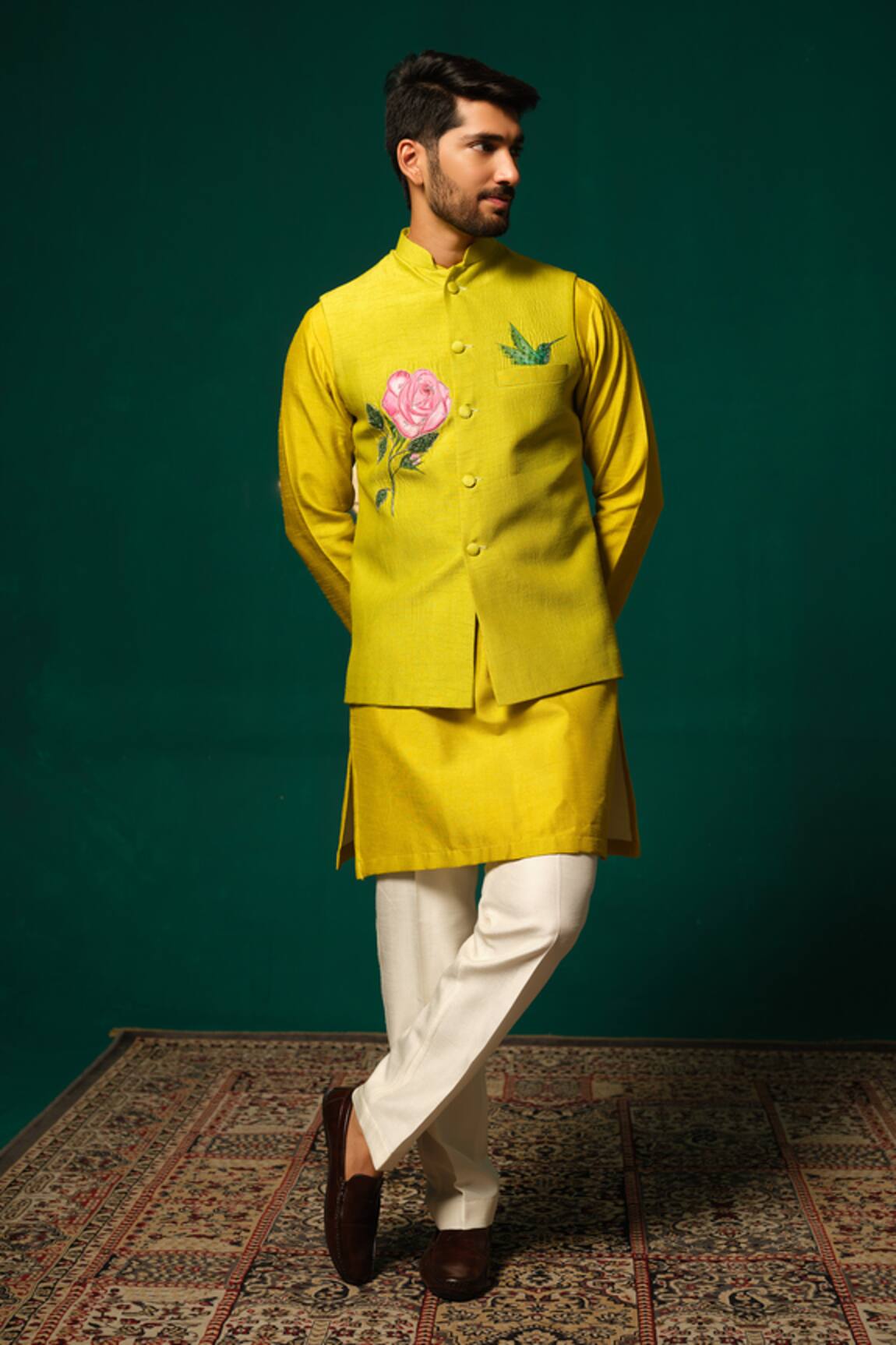 Niloufer By Aasif Ally Hand-Painted Floral Nehru Jacket Kurta Set
