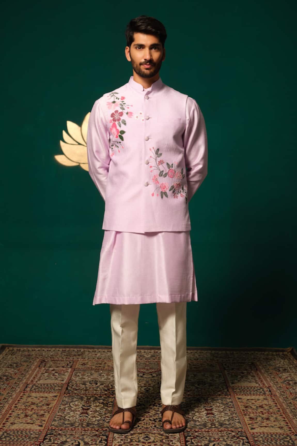 Niloufer By Aasif Ally Hand-Painted Floral Nehru Jacket Kurta Set