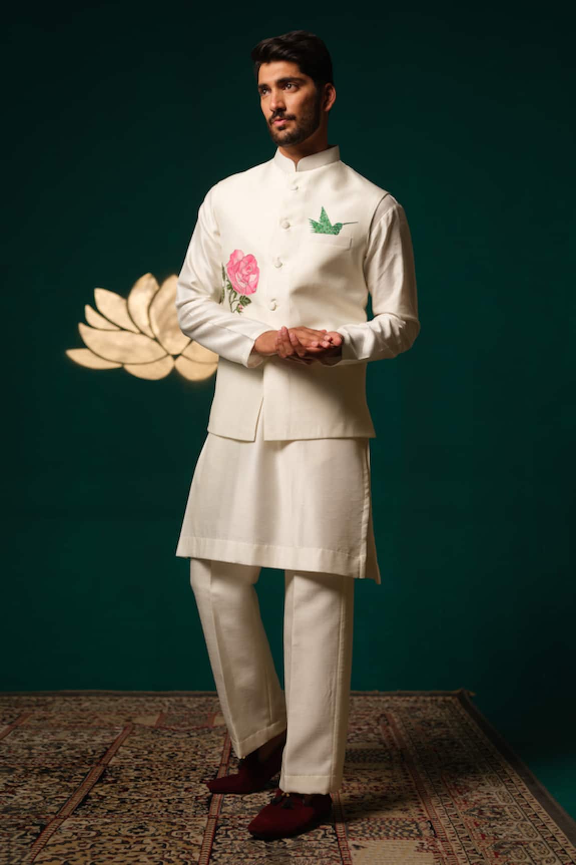 Niloufer By Aasif Ally Hand-Painted Floral Nehru Jacket Kurta Set