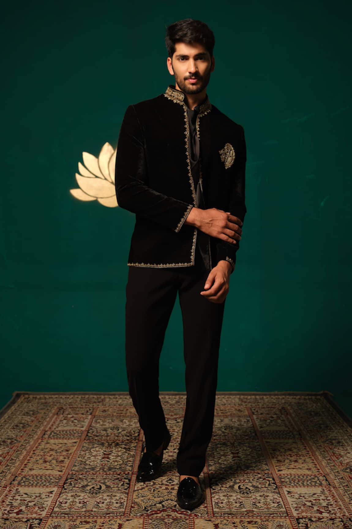 Niloufer By Aasif Ally Velvet Zardozi Embroidered Bandhgala Set