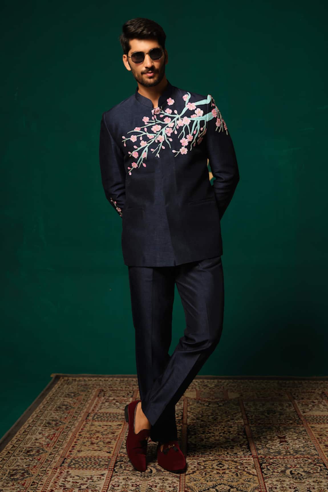 Niloufer By Aasif Ally Hand-Painted Floral Bandhgala & Pant Set