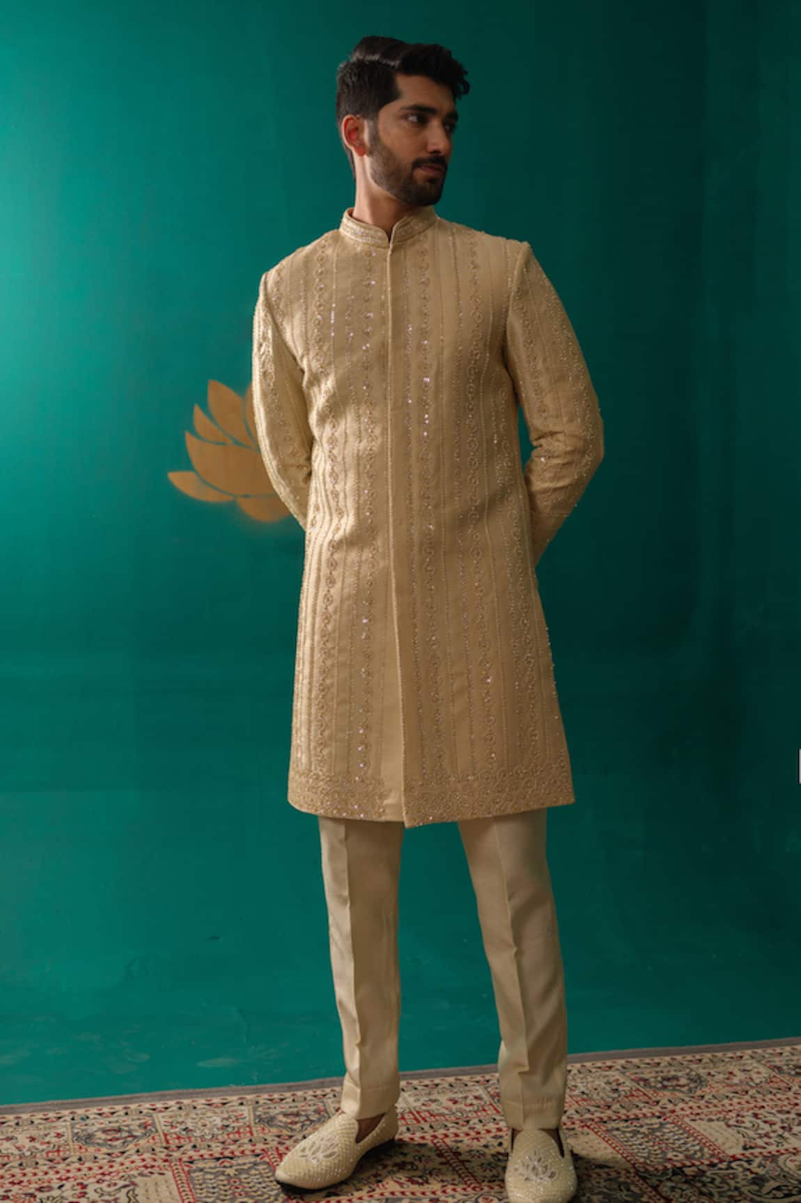 Niloufer By Aasif Ally Sequence Moti & Thread Handwork Sherwani Set