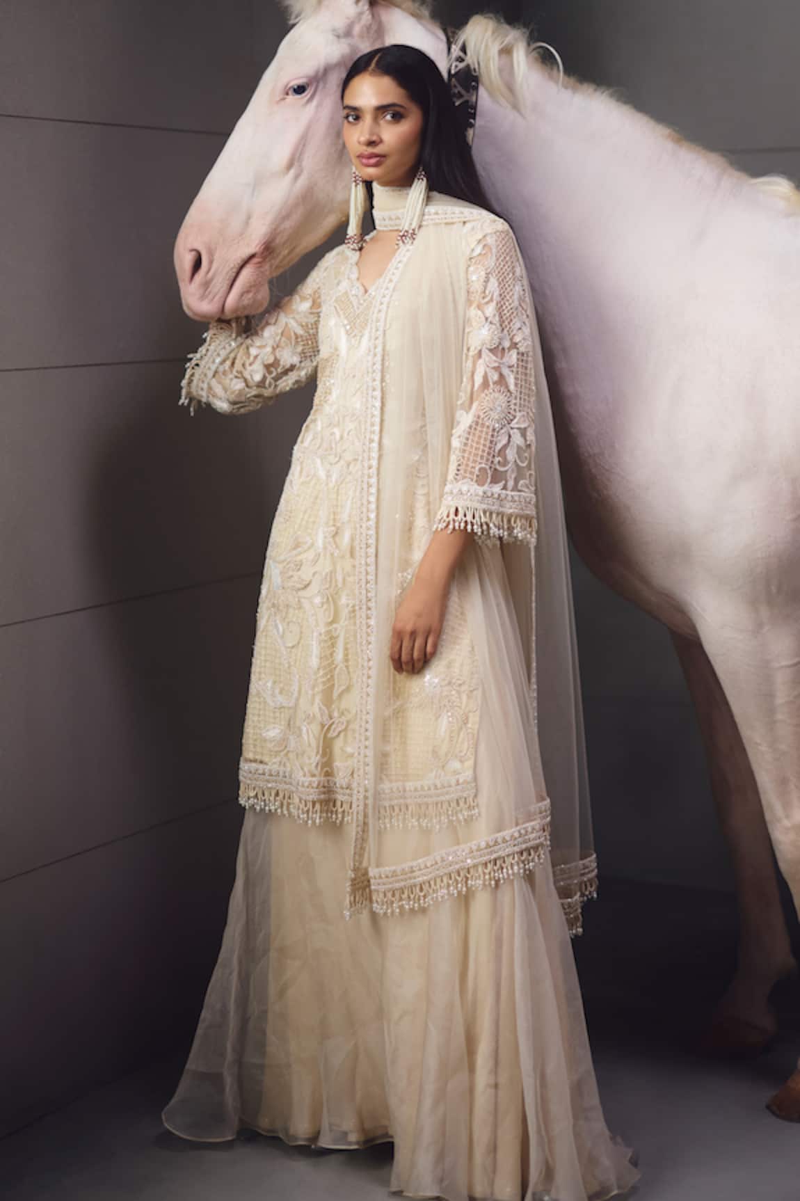 Awigna Ivory Embellished Kurta Palazzo Set