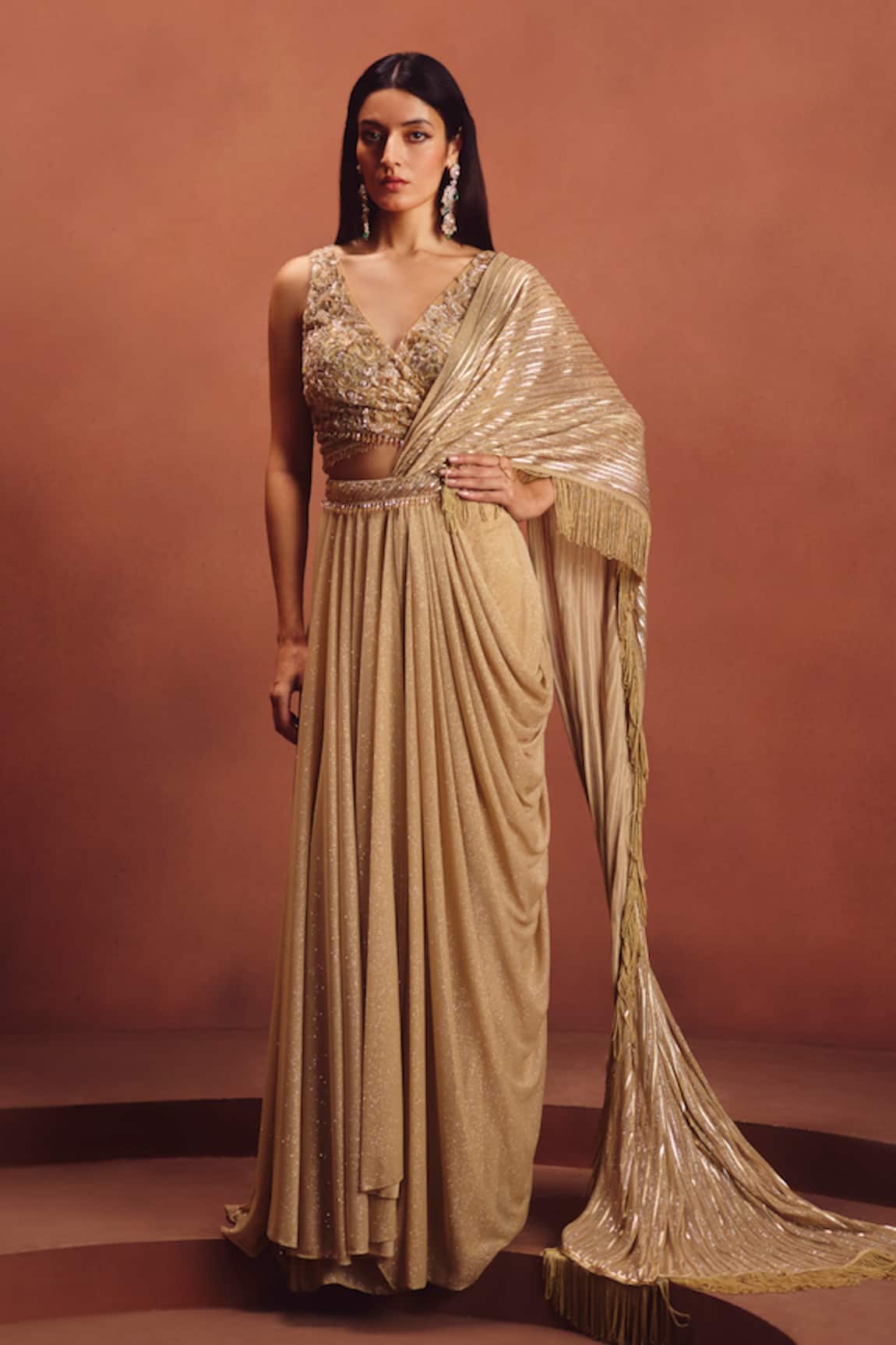Awigna Gold Draped Saree With Blouse