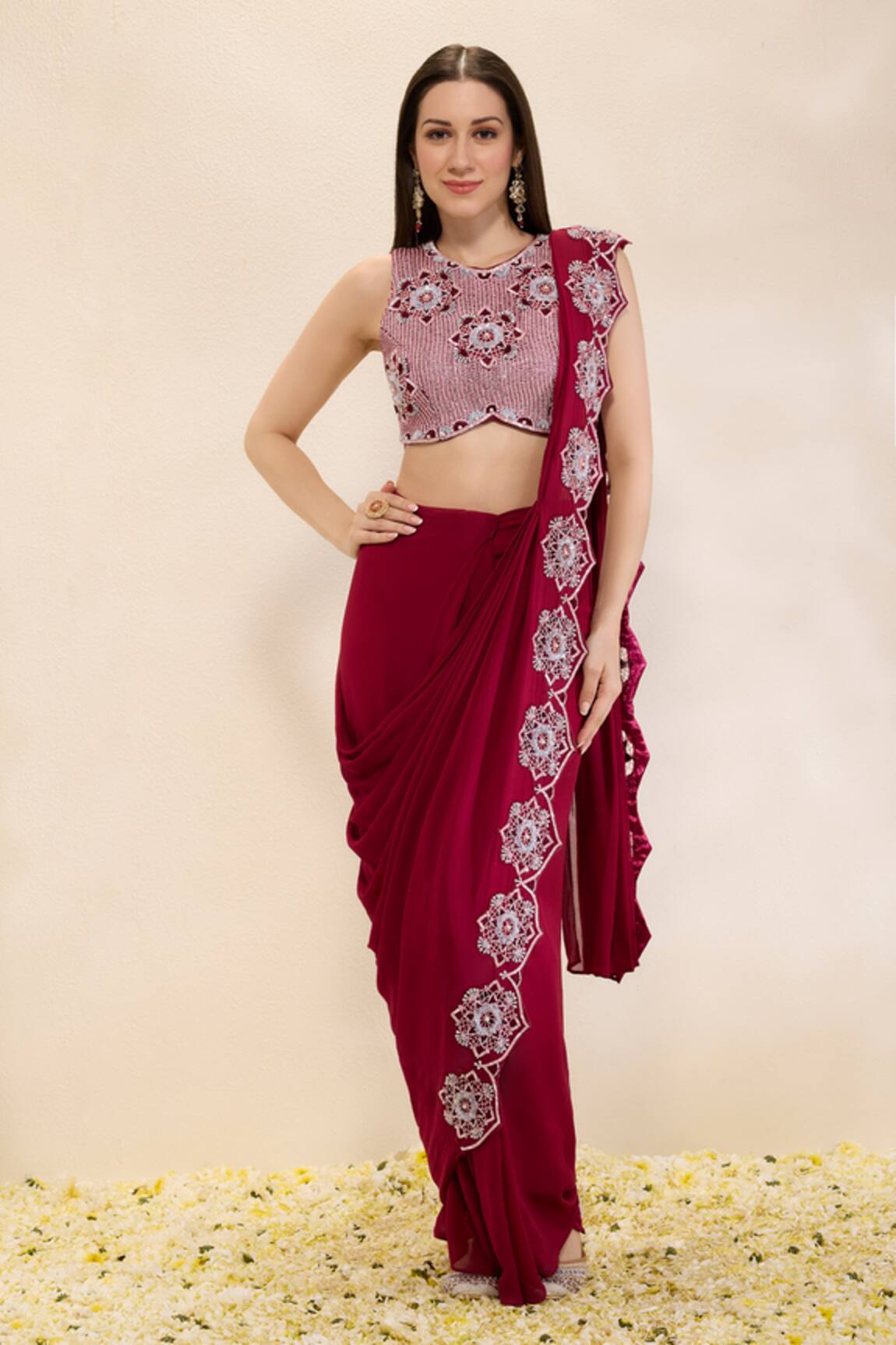 Neha Gursahani Pre-Draped Georgette Saree With Embroidered Blouse