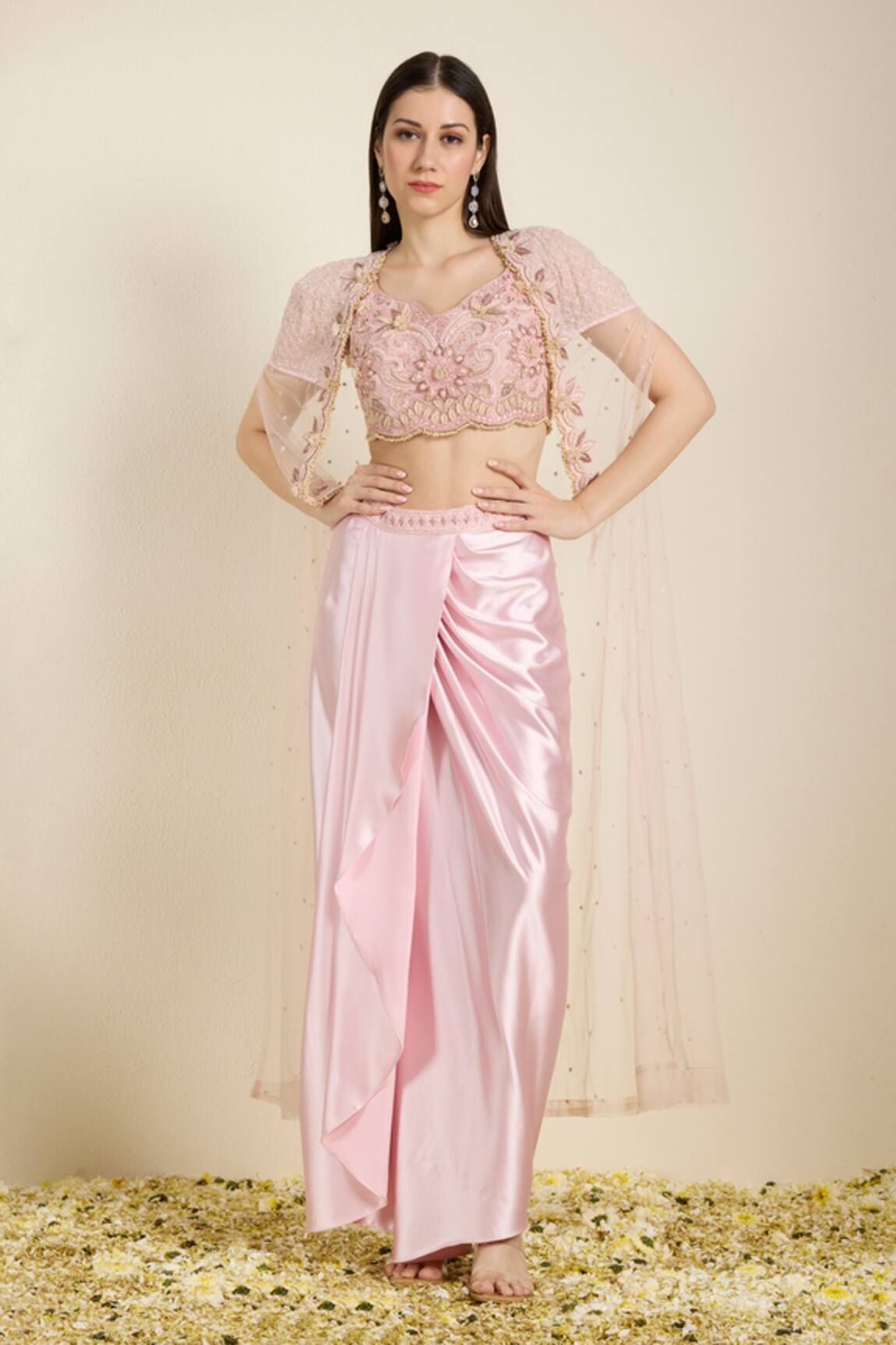 Neha Gursahani Embroidered Blouse & Draped Skirt With Cape