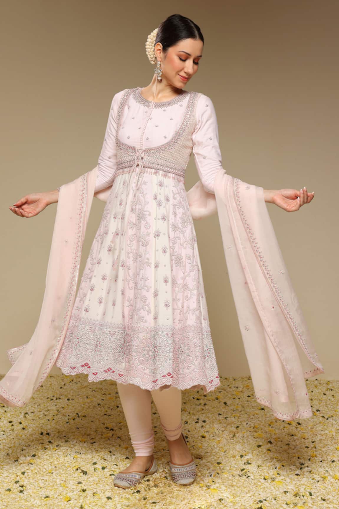 Neha Gursahani Panelled Embroidered Kalidar Kurta Set With Jaali Jacket & Dupatta