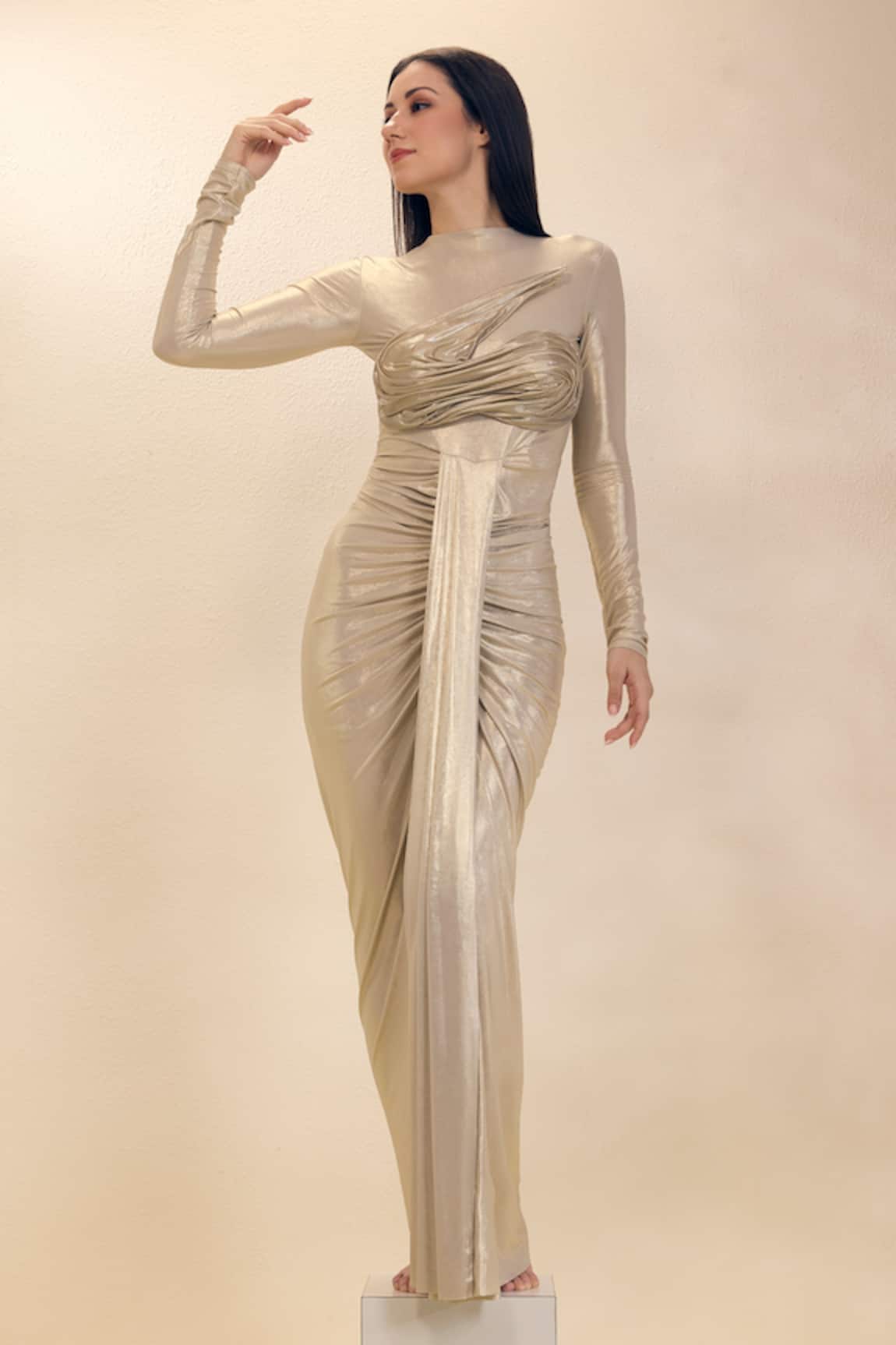 Neha Gursahani Lycra Draped Gown With Resin Bustier