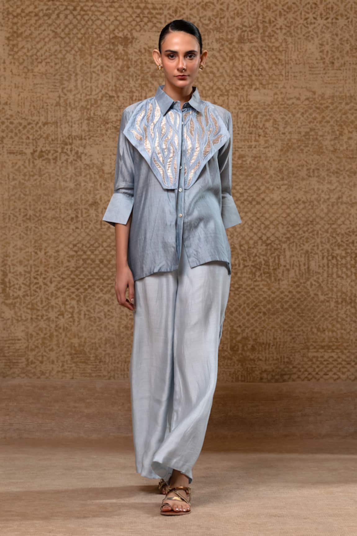 Eeda Metallic Patchwork Silk Shirt & Chanderi Pant Set 