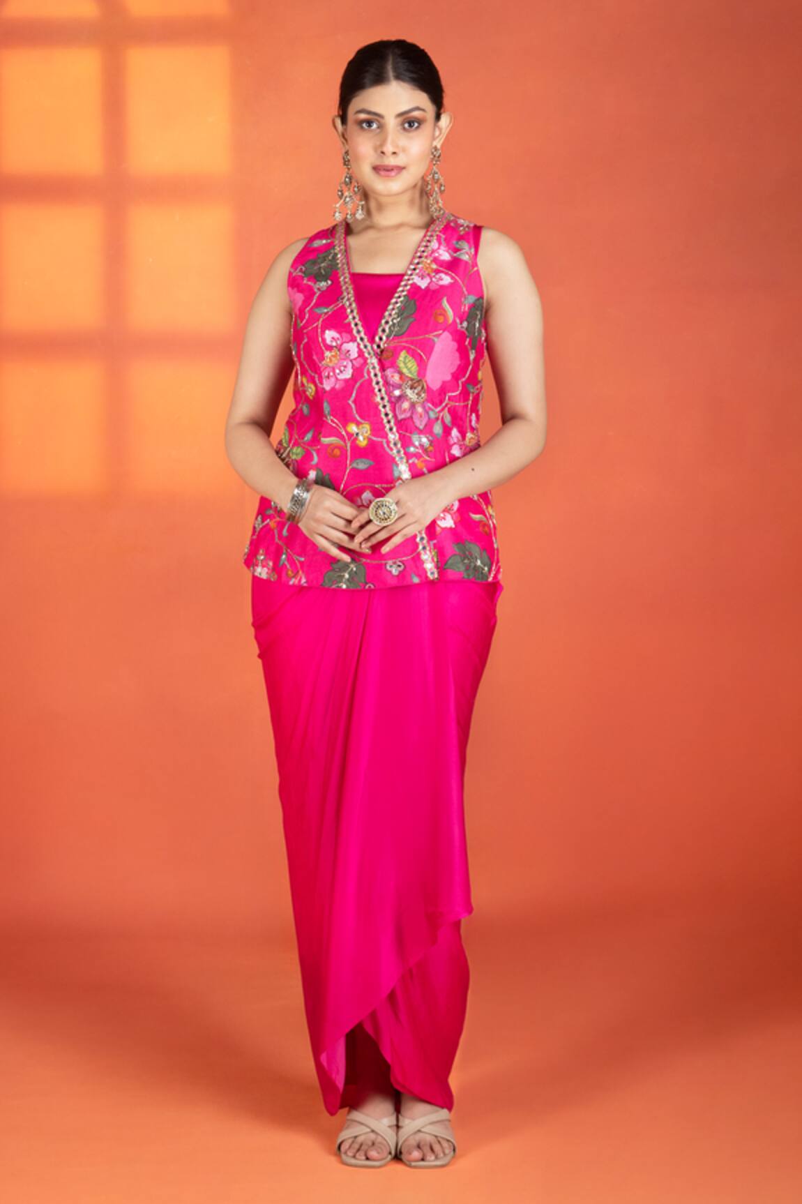 Tanu Malhotra Floral Embroidered Jacket Drape Skirt Set 