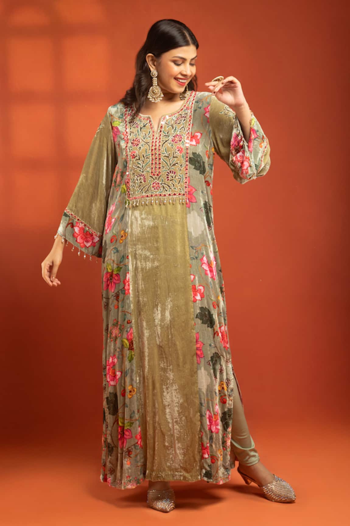 Tanu Malhotra Printed Side-Panel Embroidered Long Kurta & Churidar Set 