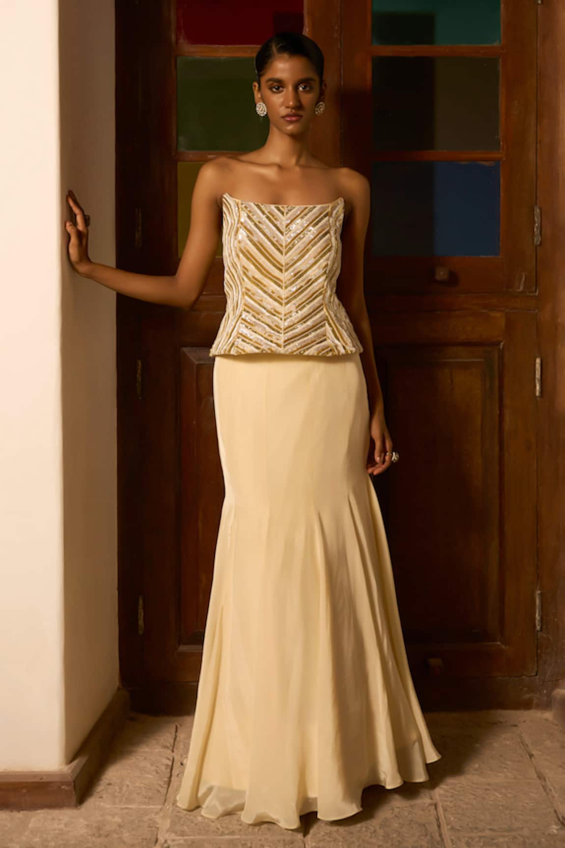 Saangi Ivory Ember Sculpted Corset With Skirt