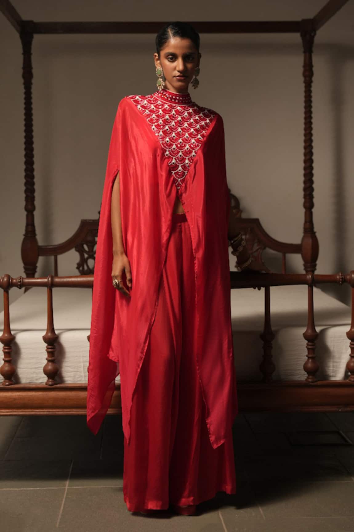 Saangi Crimson Asymmetric Embroidered Cape Pant Set