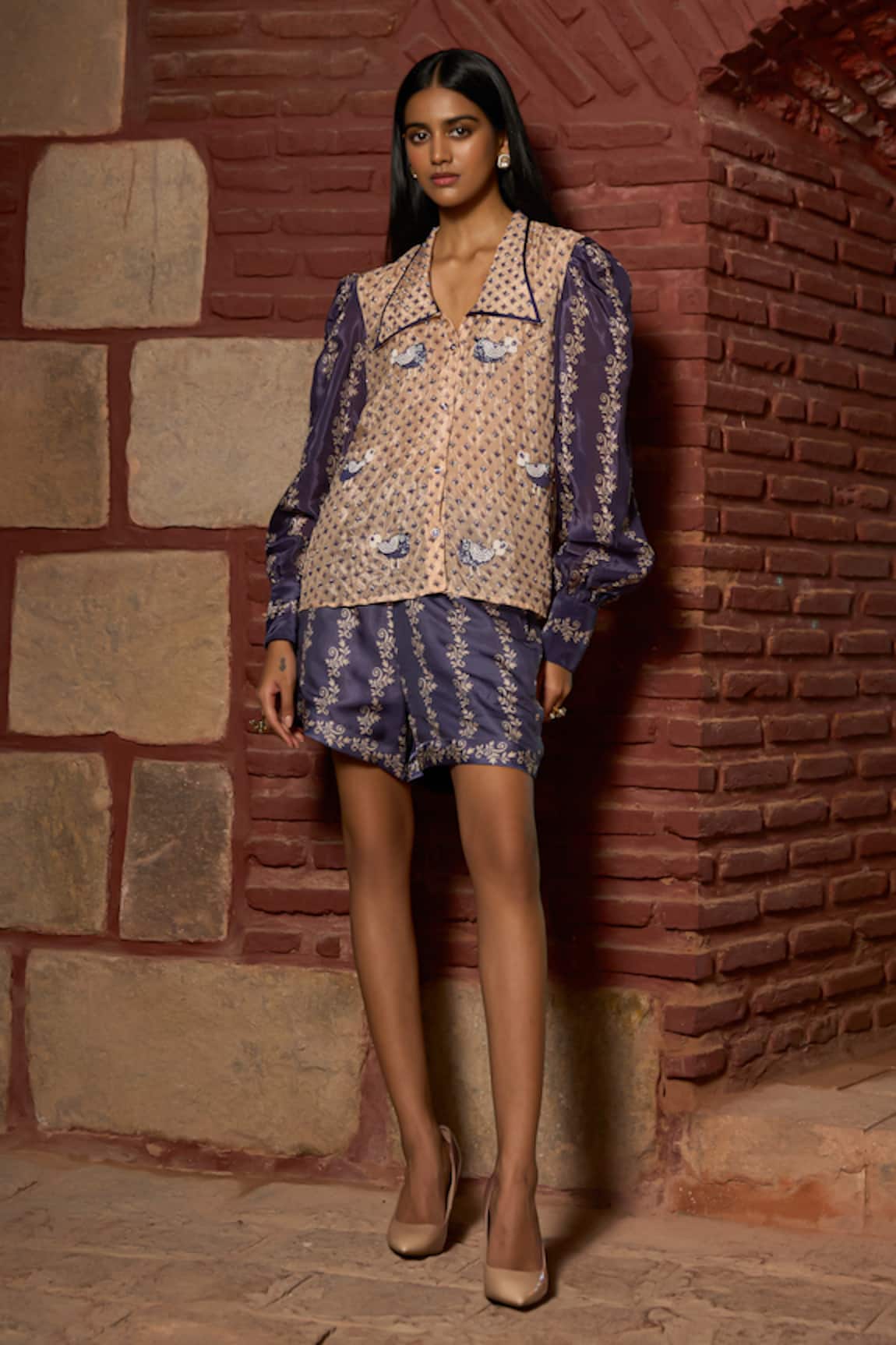 Saangi Embroidered Bird Motif Shorts Co-ord Set