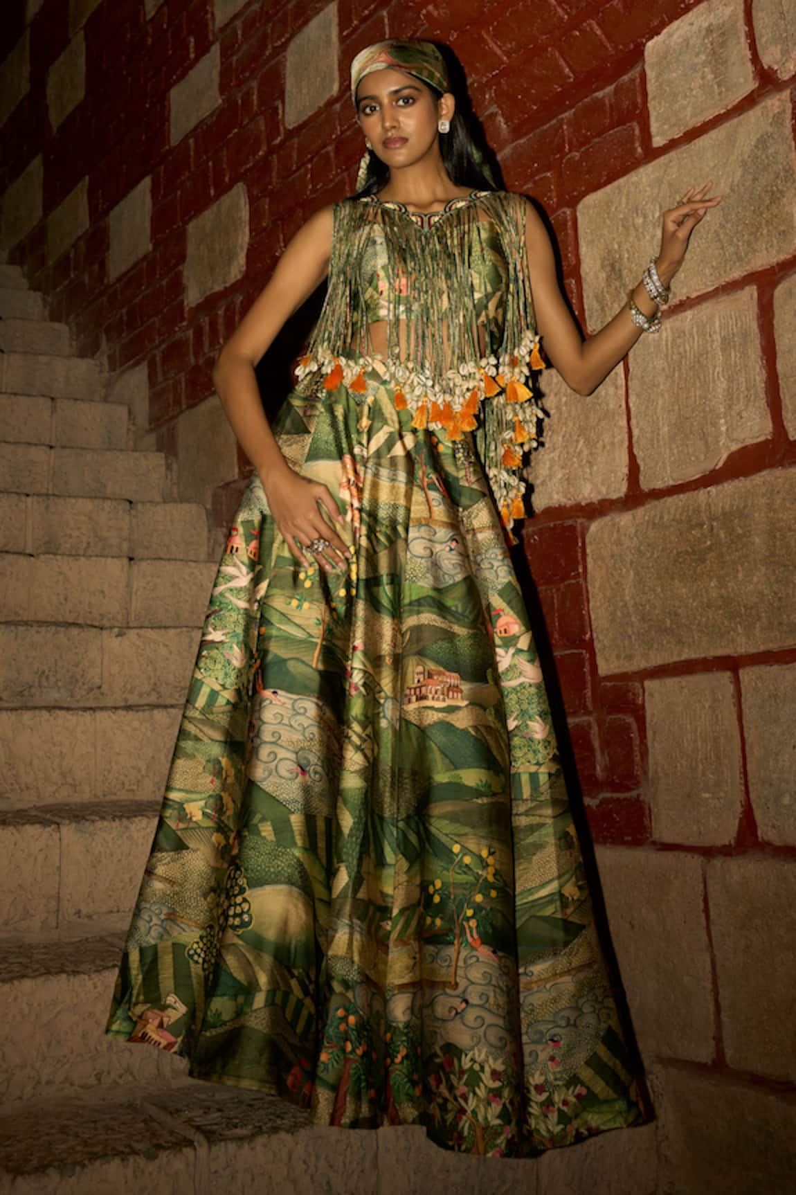 Saangi Jungle Print Tasselled Cape Skirt Set