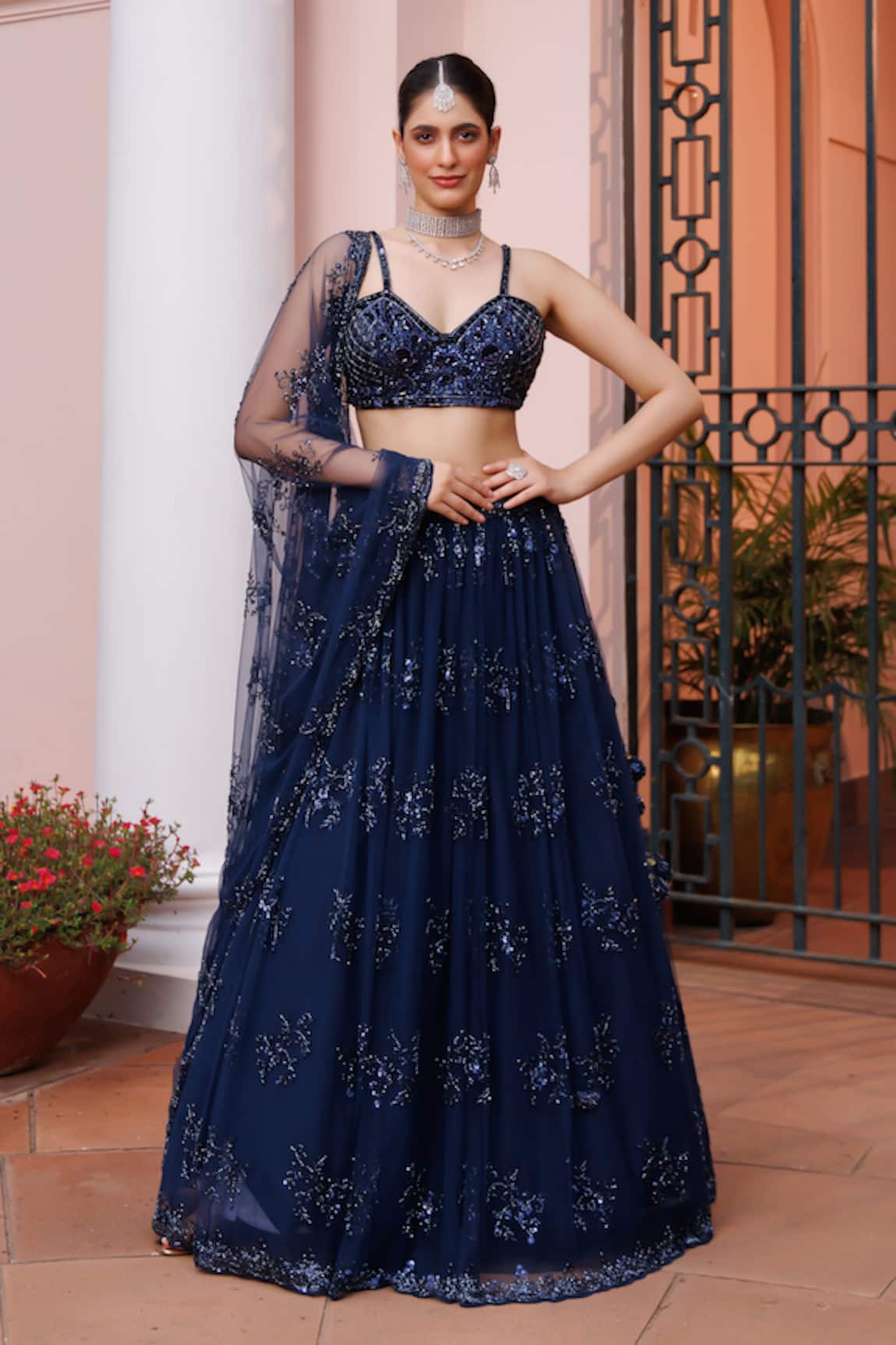 Meenagurnam Flower Motif Sequined & Beaded Lehenga Set 