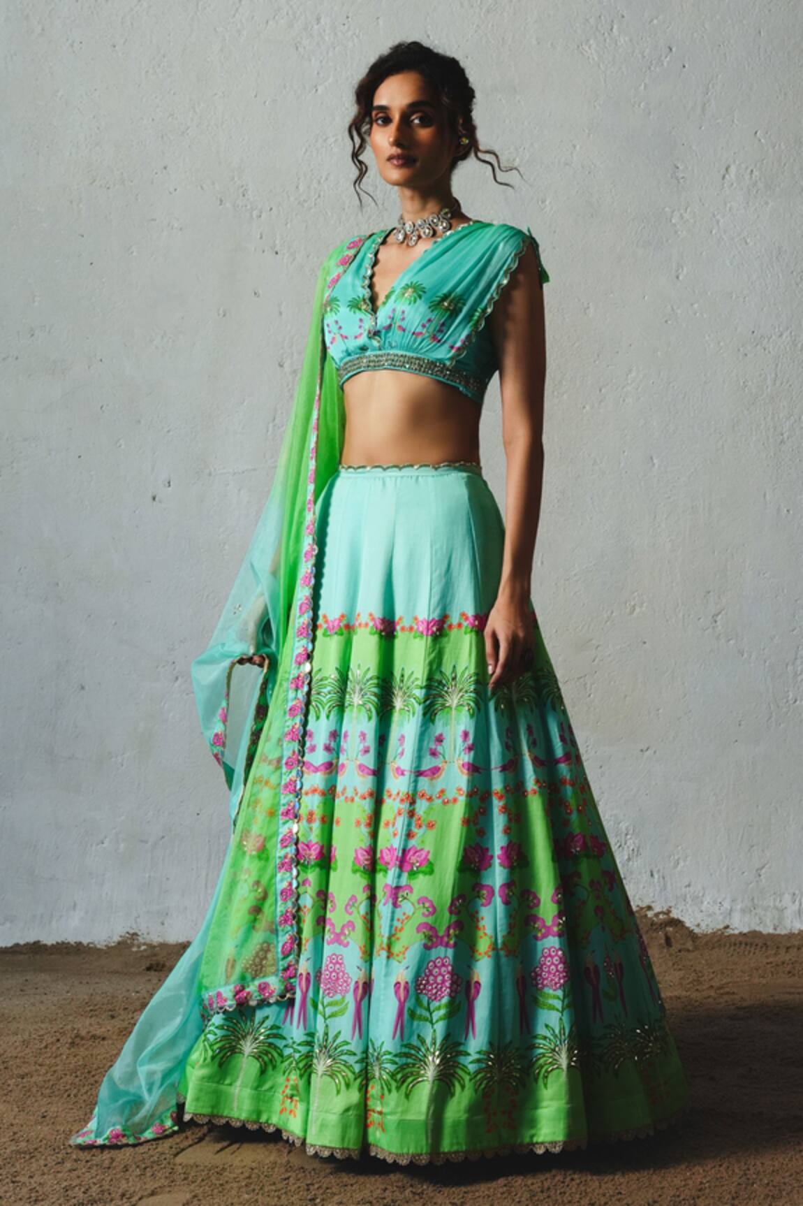 Basil Leaf Aqua Printed Lehenga Set