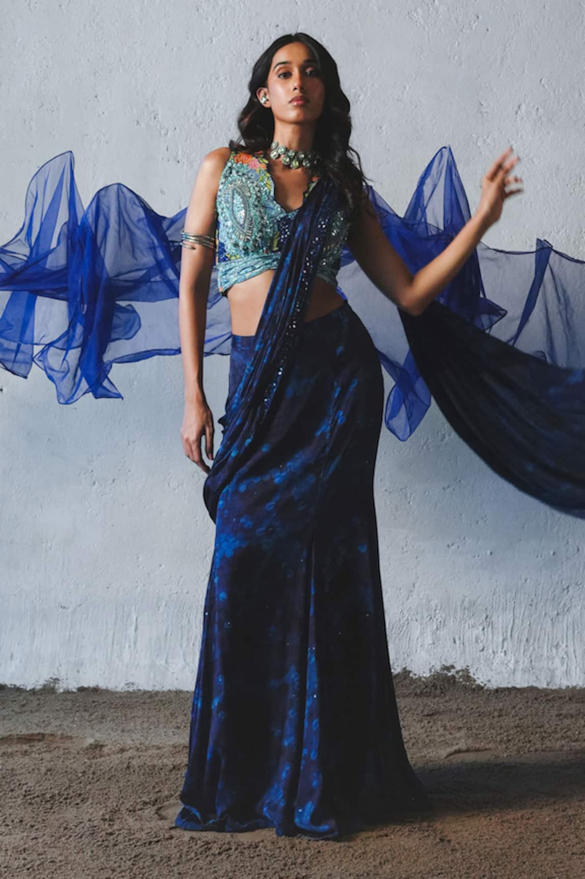 Basil Leaf Tonal Printed Pre-Draped Saree With Blouse