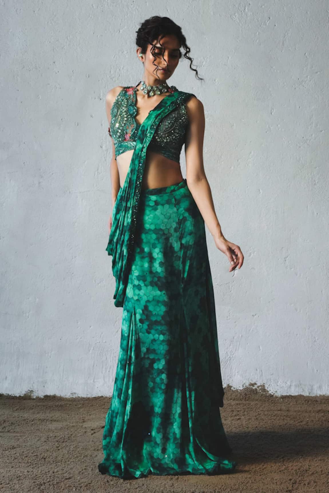 Basil Leaf Tonal Print Pre-Draped Saree With Blouse