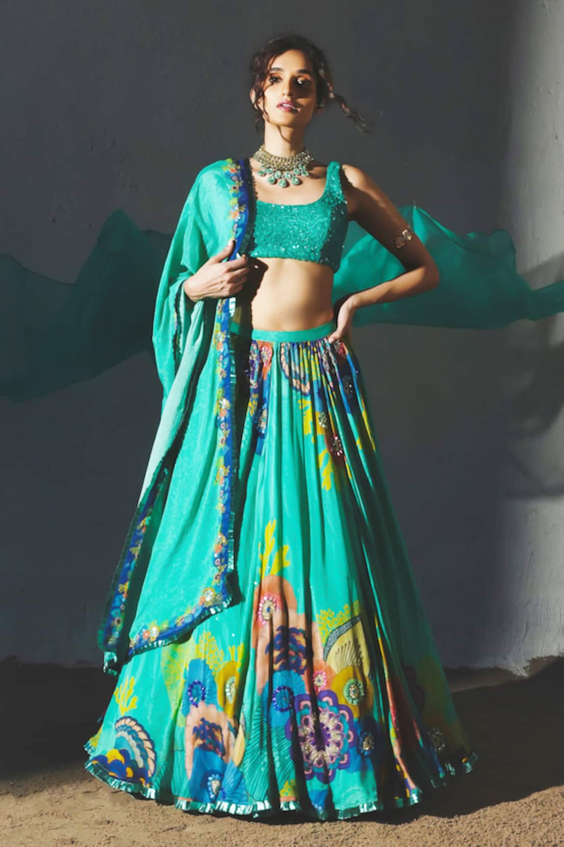 Basil Leaf Floral Aqua Printed Lehenga Set