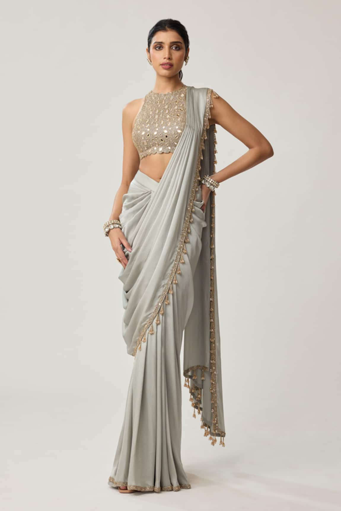 Vvani By Vani Vats Pre-Draped Satin Saree With Mirror Blouse