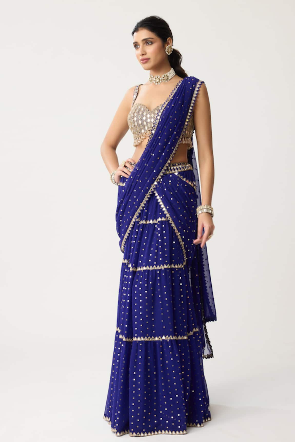 Vvani By Vani Vats Tiered Pre-Draped Lehenga Mirror Saree With Blouse