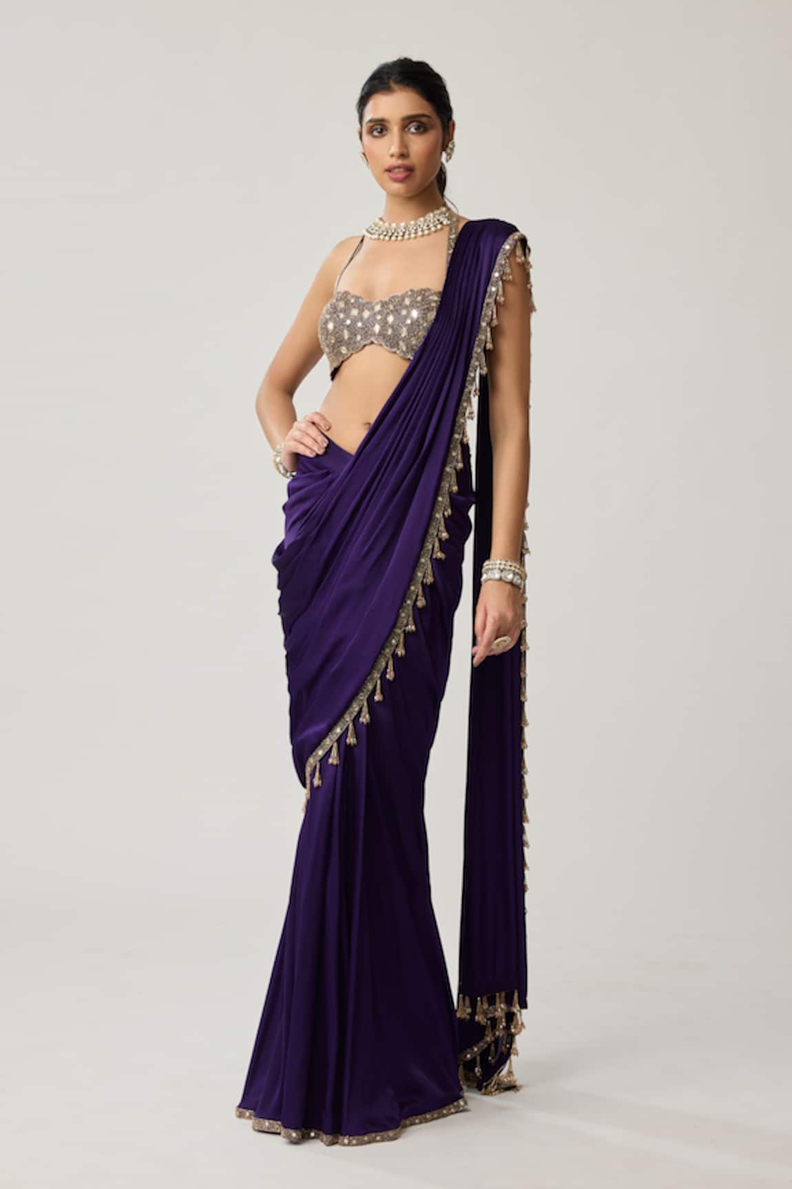 Vvani By Vani Vats Pre-Draped Satin Saree With Mirror Work Blouse