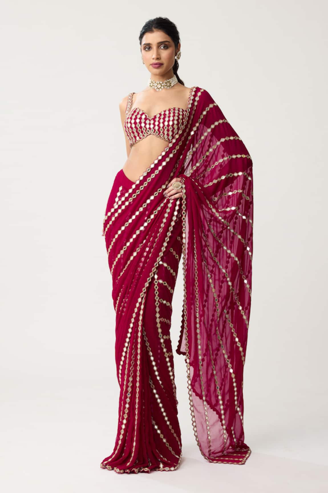 Vvani By Vani Vats Linear Mirror Pre-Draped Saree With Blouse
