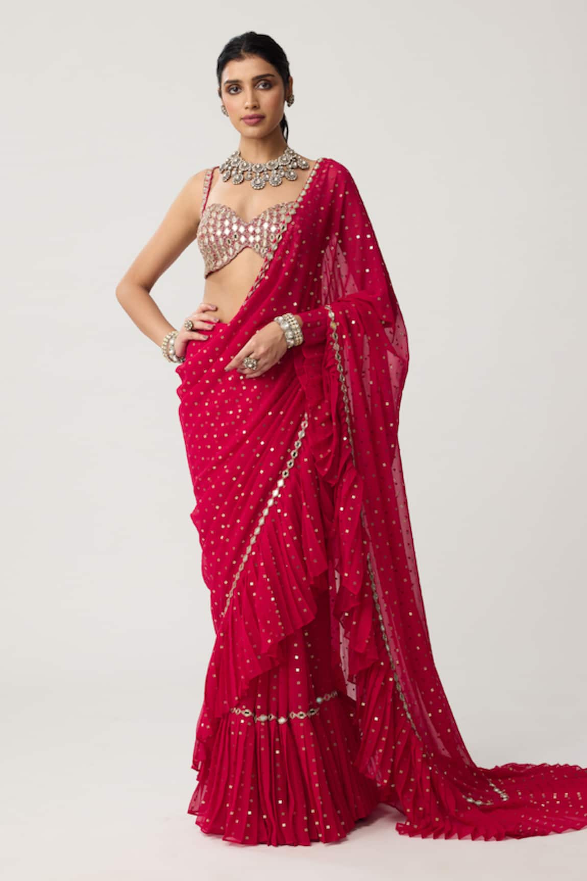 Vvani By Vani Vats Ruffle Sequins Saree With Mirror Blouse