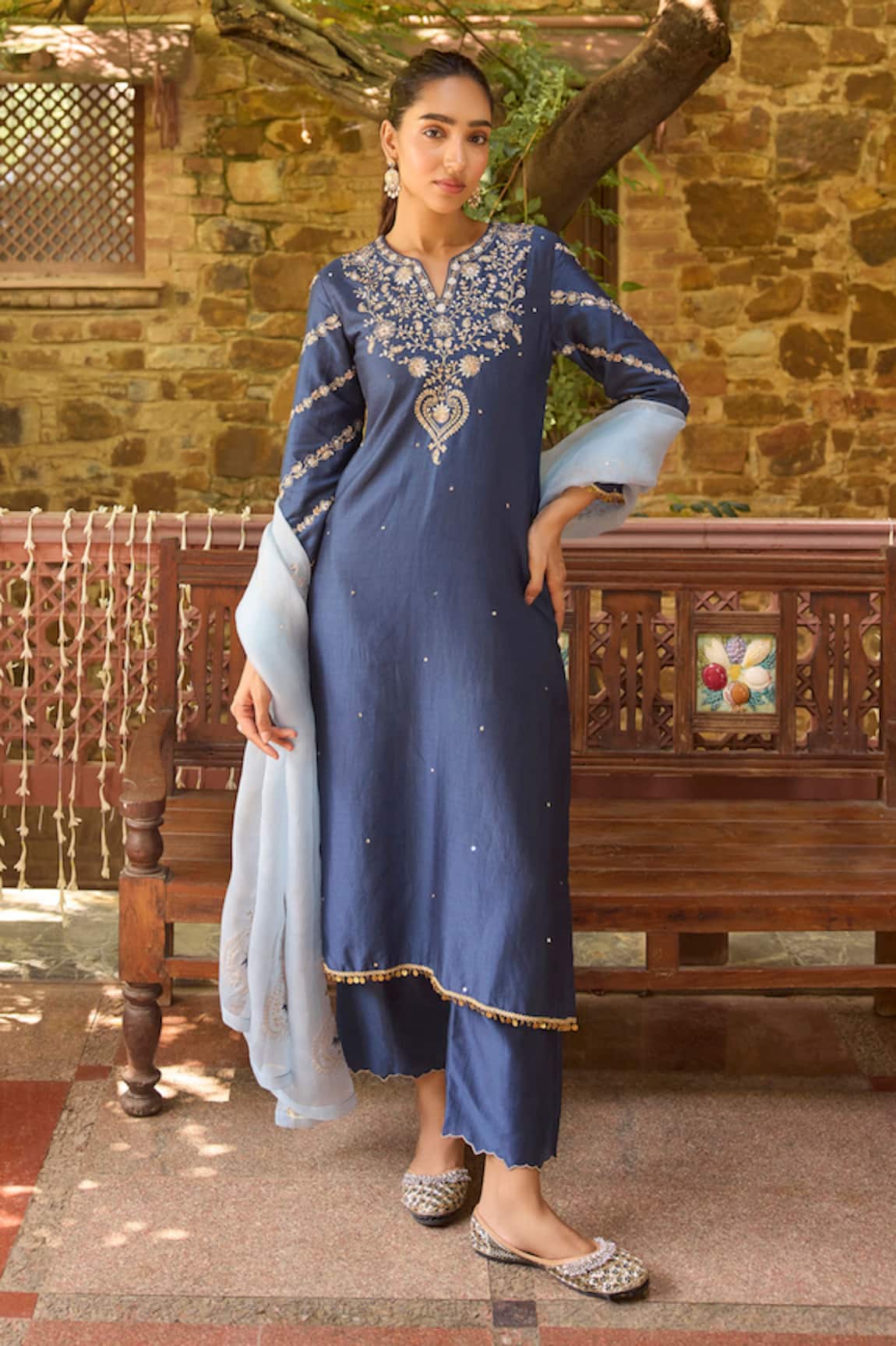 Dohr India Zeenat Zari & Sequins Embroidered Kurta Palazzo Set