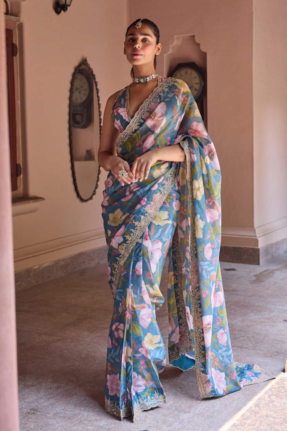 Dohr India Adira Floral Organza Saree With Blouse
