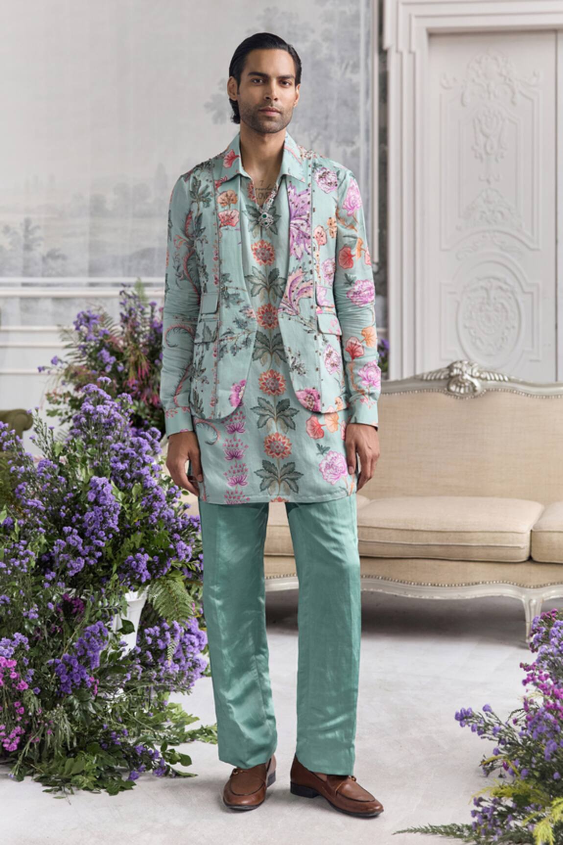 Mahima Mahajan Saim Fanah Print Hand Embroidered Bundi Kurta Set