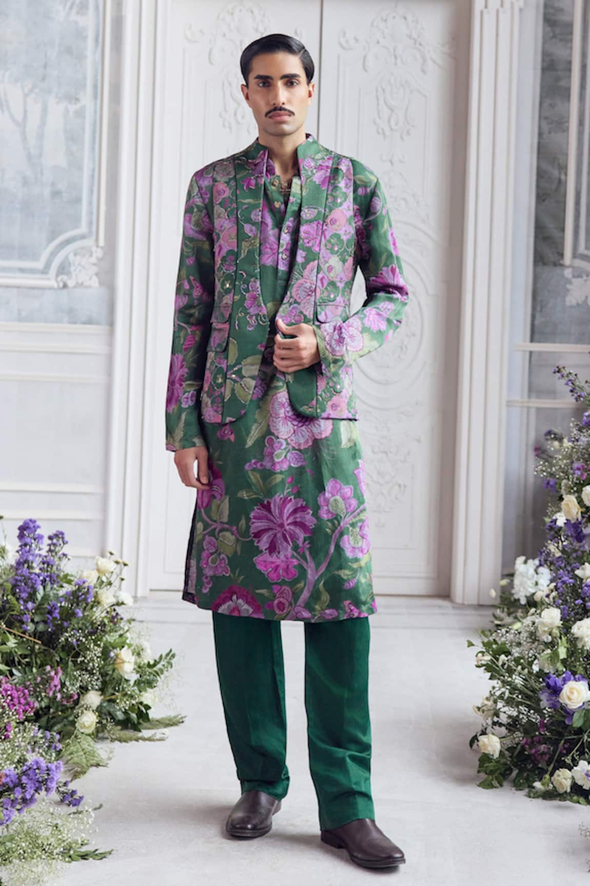 Mahima Mahajan Mehtab Fanah Print Hand Embroidered Bundi Kurta Set