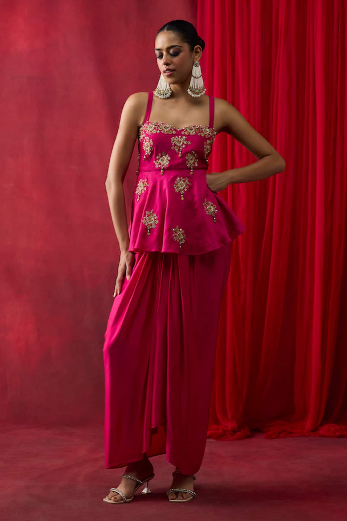 Shikha Mehta Rosie Embroidered Peplum Top With Skirt