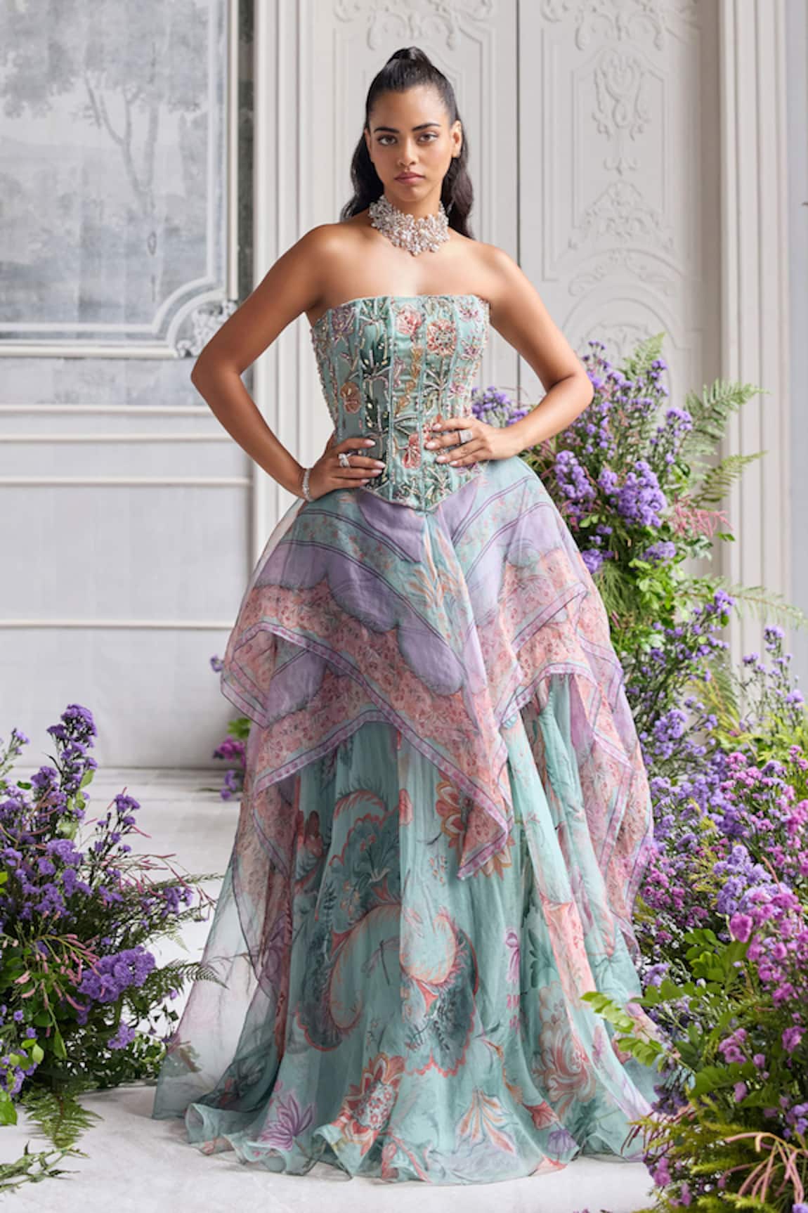 Mahima Mahajan Shakira Embroidered Corset & Printed Organza Lehenga Set