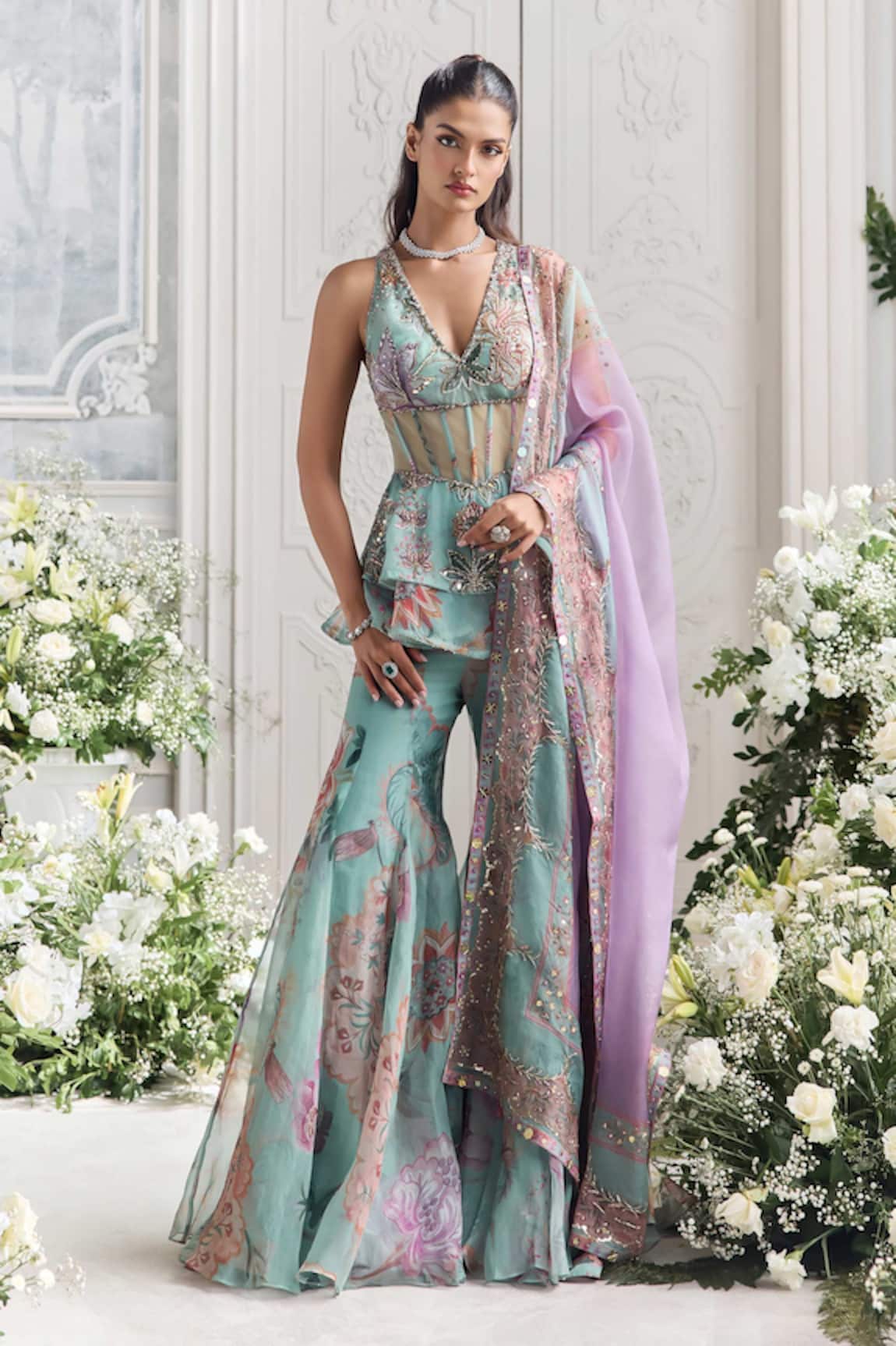 Mahima Mahajan Hawa Printed Peplum Corset Sharara Set