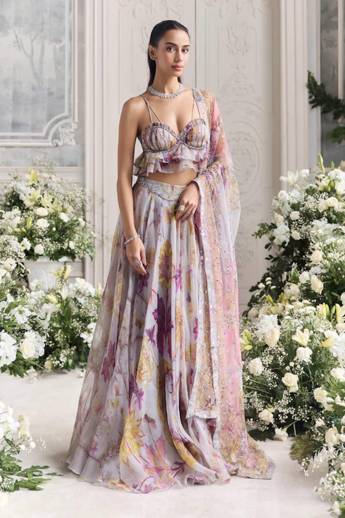 Mahima Mahajan Iman Floral Printed Ruffled Blouse & Lehenga Set