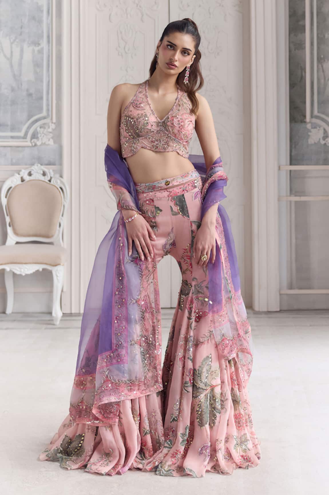 Mahima Mahajan Viara Floral Embroidered Halter Blouse & Sharara Set