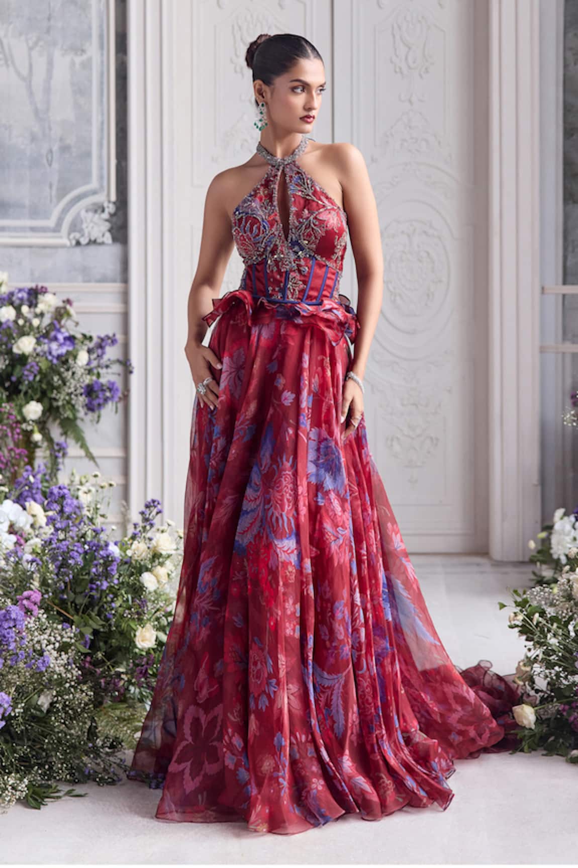 Mahima Mahajan Elsa Printed Organza Halter Neck Corset Lehenga Set
