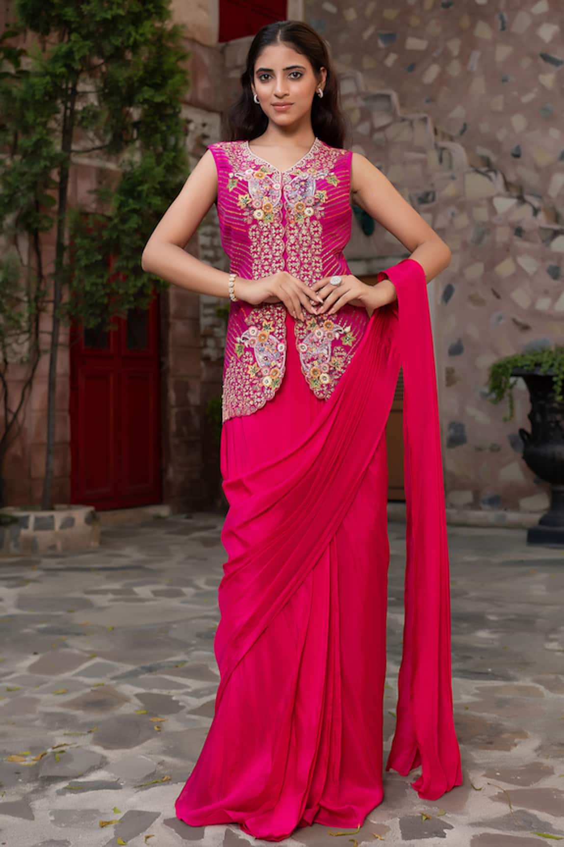 Nidhi Kejriwal Floral Embroidered Jacket & Pre-Draped Saree Set