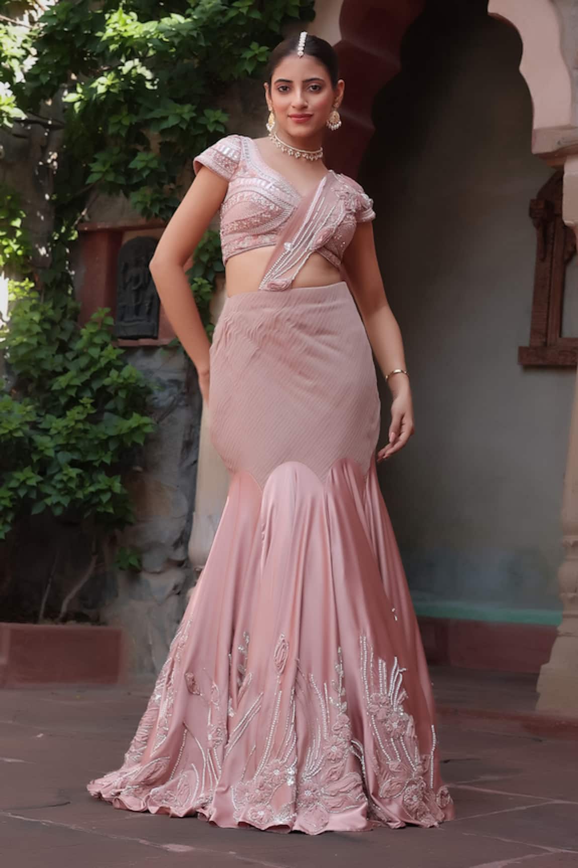 Nidhi Kejriwal Fish Cut Pleated Lehenga Saree With Blouse