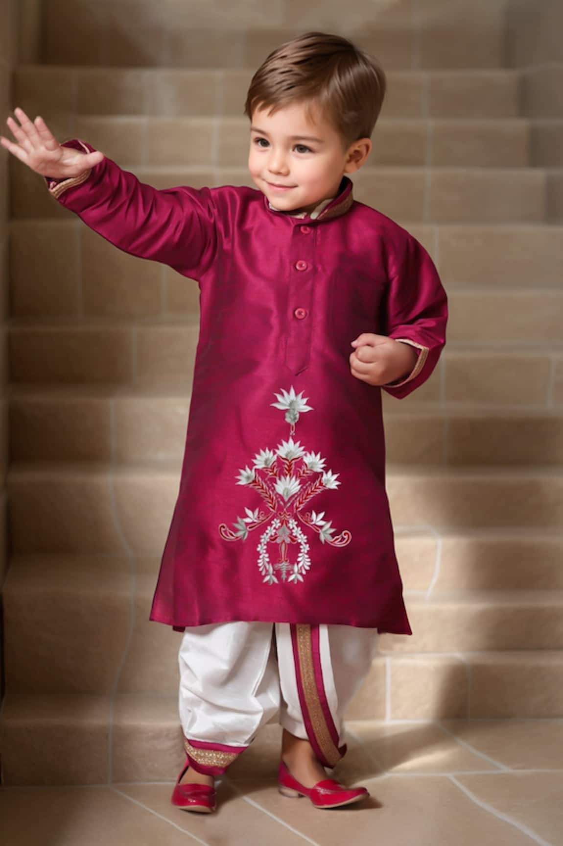 Petite Pomme Bloom Crest Embroidered Kurta & Dhoti Set 