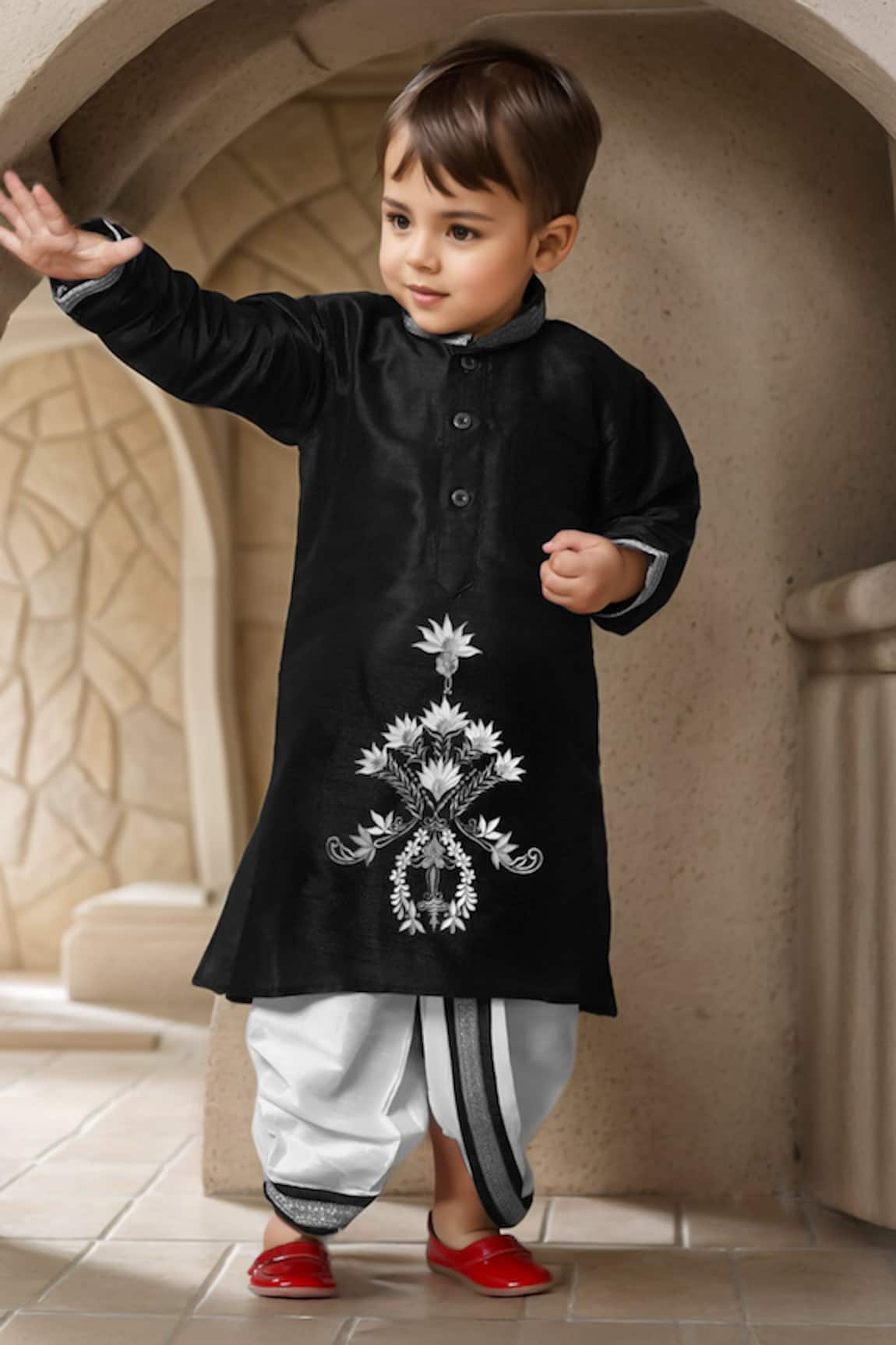 Petite Pomme Flora Crest Embroidered Kurta & Dhoti Set