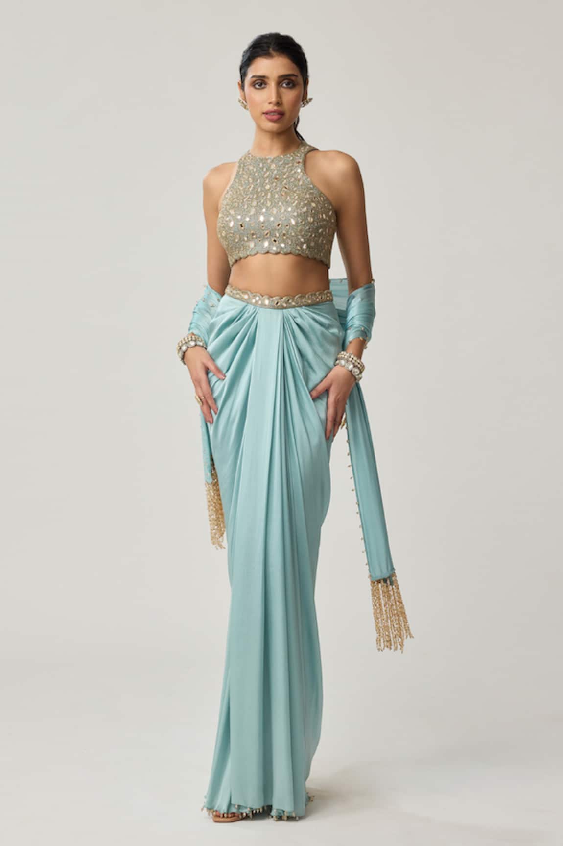 Vvani By Vani Vats Mirror Blouse & Satin Draped Skirt Set